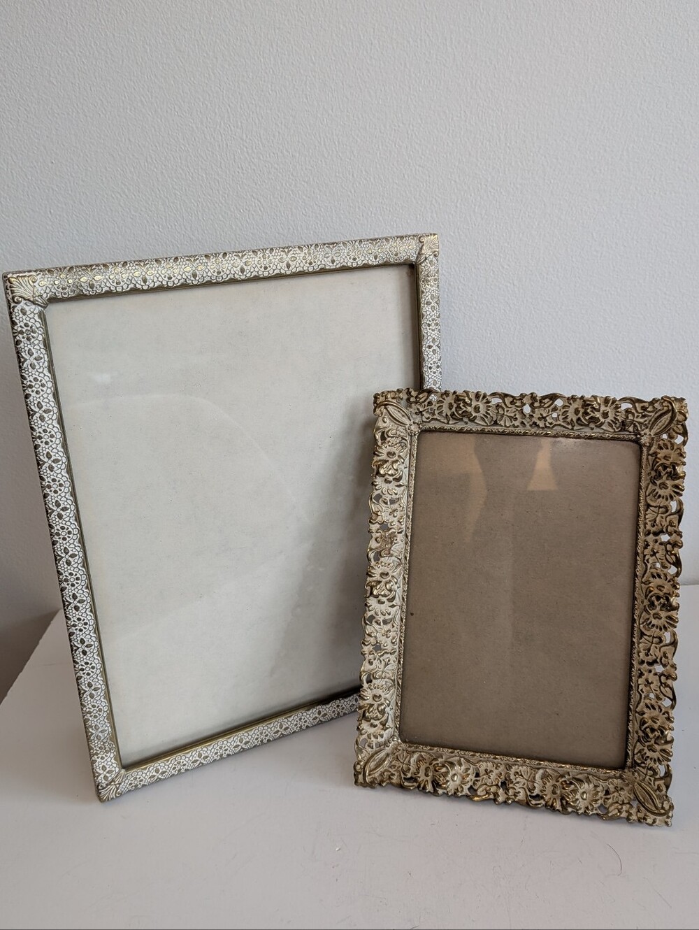 Vtg Gold & Cream Picture Frame Set of 2 MCM Hollywood Regency Ornate Filigree